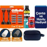 Gillette Fusion 2 Makine+10 Yedek Tıraş Bıçağı+2 STAND+300 ml Köpük +Old Spice Deo+Çanta +Havlu Hediye