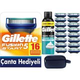 Gillette Fusion Start 16 Yedek Tıraş Bıçağı 300 ml Köpük ile Pratik Taşıma Çantası Hediye
