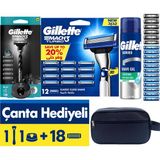 Gillette Mach3 Charcoal 1 Makine + 18 Başlık (6 Charcoal + 12 Mach3 Turbo) + Stand + 200 ml Jel, Çanta Hediyeli Tıraş Seti