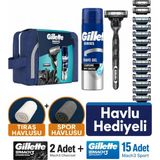Gillette Mach3 Charcoal + Sport Tıraş Seti 1 Makine + 17 Yedek Bıçak (2 Charcoal + 15 Sport) + 200 ml Jel + Havlu Hediye