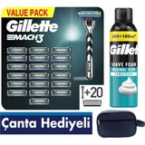 Gillette Mach3 Makine + Gillette Mach3 20 Adet Yedek Tıraş Bıçağı + Gillette 300ml Tıraş Köpüğü + Seyahat Çantası