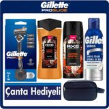 Gillette Proglide Erkek Bakım Seti 1 Makine + 4 Yedek Başlık + Stand + Axe Copper Santal Duş Jeli Deodorant + Gillette 200 ml Tıraş Köpüğü + Çanta