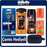 Gillette Proglide Erkek Bakım Seti 1 Makine + 4 Yedek Başlık + Stand + Axe Copper Santal Duş Jeli Deodorant + Gillette Fusion 200 ml Jel + Çanta