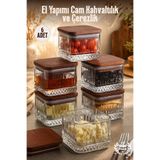 GİNZAMAİSON 6'lı Set Kare, El Yapımı Cam Kahvaltılık ve Çerezlik - Kayın Kapaklı