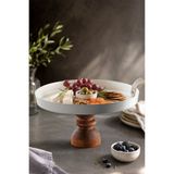 GİNZAMAİSON Ahşap Ayaklı Beyaz Metal Sunum Standı Yuvarlak Pasta Kek Tatlı ve Meze Servis Tabağı
