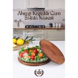 GİNZAMAİSON Kayın Ahşap Kapaklı Cam Salata Kasesi – 25 cm – Dekoratif Servis ve Saklama Kabı