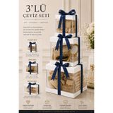 GIONA 3'lü Premium Asetat Çeyiz Kutusu Seti | Şeffaf Katlanabilir | Kurdele Hediyeli | Küçük-Orta-Büyük | Beyaz - Lacivert Kurdele