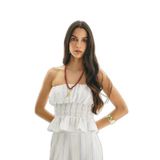Gipe Detaylı Fırfırlı Straplez Bluz Ekru