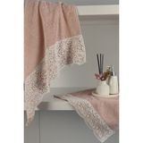 Gipür Dantelli Banyo Havlusu TAKIMI-%100 Pamuk Banyo Seti-Gelin Havlusu-Gül Kurusu - 70 x 140 cm - 50 x 90 cm