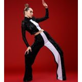 Gira Official Siyah Beyaz Şerit Detaylı Payetli Pantolon Crop Top Takım