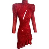 Gira Payetli Fırfırlı Uzun Kollu Elbise - 40 - 240-Kırmızı