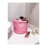 girlsybags Pembe Çizgili Sıvı Geçirmez Büyük Organizer Sepet Dolap İçi Düzenleyici Makyaj Çanta Kumaş Organizer