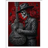 Gitar Çalan İskelet Mariachi Kostümü Dekoratif Kanvas - Mdf Ahşap Tablo