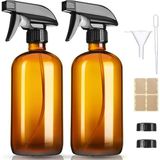 GIVAMEIHF 16oz Amber Cam Sprey Şişeleri, Etiketleri ile 2 Paket Doldurulabilir Boş Şişe Huni Damlalık Siyah Kapaklar kalem, Ayarlanabilir Nozul, Uçucu Yağlar, Temizlik, Evcil Hayvanlar, Bitki, Saç