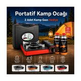 Givy Tekli Portatif Kamp Ocağı + 2 Adet Kamp Gazı Seti | Çakmaklı | Gaz Stop Emniyetli | Çantalı Taşınabilir