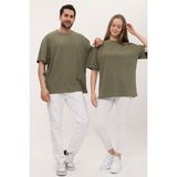 giyadda Unisex Haki Oversize Bol Kalıp Basic T-Shirt (Sevgili Çift Kombini Tavsiyesi) - Açık Haki