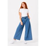 GİYİCEM TEKSTİL Kız Çocuk Street Comfort Düğme Detaylı Yüksek Bel Geniş Paça Jean Pantolon 2235