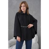 Giyim Gezegeni Kadın Beli Kemerli Kaşe Siyah Panço Yeni Sezon Şık Oversize Trend ve Rahat Modern Dış Giyim
