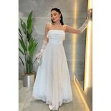 giyimmasalı Dantel Kumaş Straplez Elbise - BEYAZ