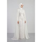 giyimmasalı Full Boncuklu Kumaş Kolları Sifon Detaylı Tesettür Elbise - BEYAZ