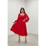 Giyimmasalı Krep Kumaş Kolları Tül Detaylı Midi Elbise - Kırmızı - 240-Kırmızı - 36