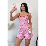 GİYSA Kadın Askılı Kiraz Desenli Şortlu Pijama Takımı Pembe - 3300