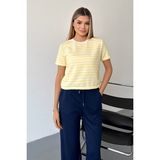 GİYSA Kadın Bisiklet Yaka Kısa Kollu Çizgili Sweatshirt Sarı - MS0001301