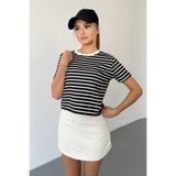 GİYSA Kadın Bisiklet Yaka Kısa Kollu Çizgili Sweatshirt Siyah - MS0001301