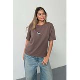 GİYSA Kadın Bisiklet Yaka Köpek Nakışlı 2İp T-Shirt Açık Kahverengi - 26Y 26603