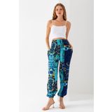 GİYSA Mavi Etnik Desenli Kadın Şalvar Yoga Pantolonu %100 Viskon Çift Cepli - 2460