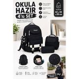 GİYU SHOP 4'lü Tsylon Kumaş Su Geçirmez ilkokul Çantası Seti Beslenme Çantası Kalemlik ve Aksesuar Çantalı Kız - Erkek Okul Çantası