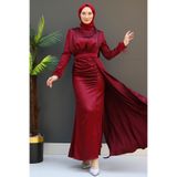 giz astore Tüylü Saten Tesettür Elbise Bordo
