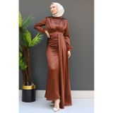 giz astore Tüylü Saten Tesettür Elbise Kahve