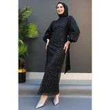 Giza Giyim Siyah Inci Tesettür Abiye Uzun Kol Dik Yaka Düz Dokuma Polyester - 46