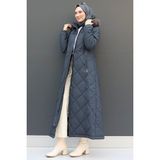 Giza Store Aysema Kadın Kürklü Şişme Mont Antrasit Renk Uzun Kol Düz Desenli Yeni Sezon - 42