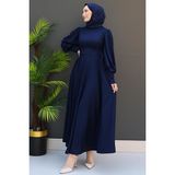 Giza Store Ip Kuşaklı Lacivert Elbise Uzun Kol Kloş Silüet Trend Tarz Kadınlar İçin Şık Tasarım - 42