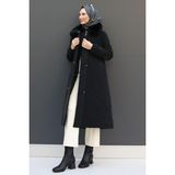 Giza Store Kadın Şişme Anorak Mont Siyah Klasik Stil Uzun Kol Dik Yaka Kapitone Kumaş - 46