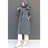 Giza Store Şişme Anorak Mont Kadın Koyu Gri Uzun Kol Klasik Dik Yaka Kapitone Özellikli - Koyu - Gri - 46