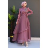Giza Store Taşlı Organze Abiye Fuşya - Koyu Pembe - 42