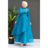 Giza Store Taşlı Organze Abiye Fuşya - Petrol - 44