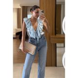 Gizem Ecemiş Elvia Mavi Fırfırlı Bağlamalı Kolsuz Gömlek
