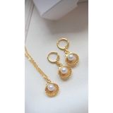 Gizemli Aksesuar Kadın Gold Renk Minimal Istiridye Model Kolye Küpe Set