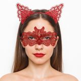 Gizemli Kırmızı Dantel Maske ve Taç Seti 1 No - Kostüm Seti E153-E240-1