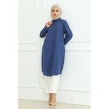 Gizli Düğmeli Uzun Tesettür Tunik indigo mavi 46