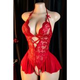 Gizmurstore Kadın Kırmızı Dantel ve Tül Detaylı Derin V Yaka Teddy Gecelik H110419 - MZUIRG8496-8525