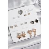 Gizmurstore Pirinç Gold Renk Zirkon Taşlı Kalp Figür Siyah Yonca Detay 7 Çift Kadın Küpe - MZUIRG3428-3
