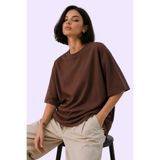 Gizrain Kadın Kahverengi Oversize Oysho Kumaş Basic Tişört - Salaş Kalıp Rahat Kesim