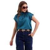 GLAMIFY FASHION Dik Yaka Boyundan Bağlamalı Göğüs Pile Detaylı Kısa Kol Rahat Kesim Cool Saten Bluz