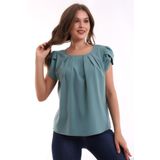 GLAMIFY FASHION Yuvarlak Pileli Yakalı Kol Detaylı Rahat Kesim Kısa Kol Şık Ve Cool Bluz