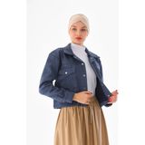 Glamoura Çıt Çıt Düğmeli Kısa Kadın Mont - 06Z-Mavi